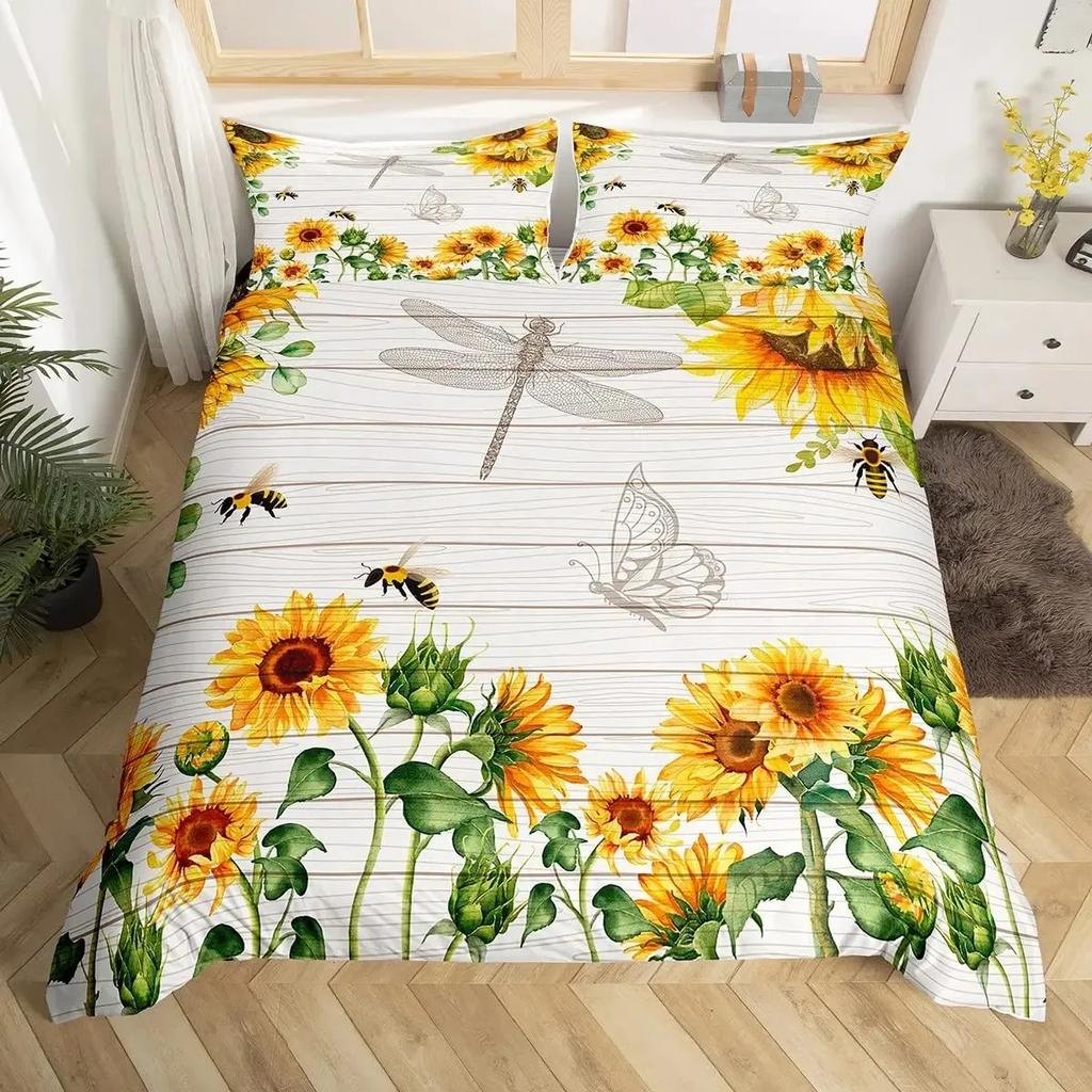 Sonnenblumen Bettbezug Set Gestreifte Bettwäschesets Schwarze Streifen Gelbes Sonnenblumen Design Weiß Schwarz Jungen Mädchen Bettdeckenbezug Queen