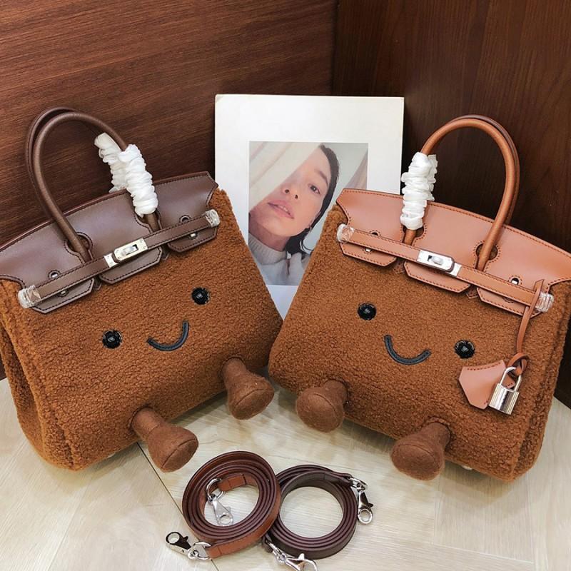Cute Plush Smiley Crossbody Bag Top Grain Leather With Lamb Wool Fashion Single Shoulder