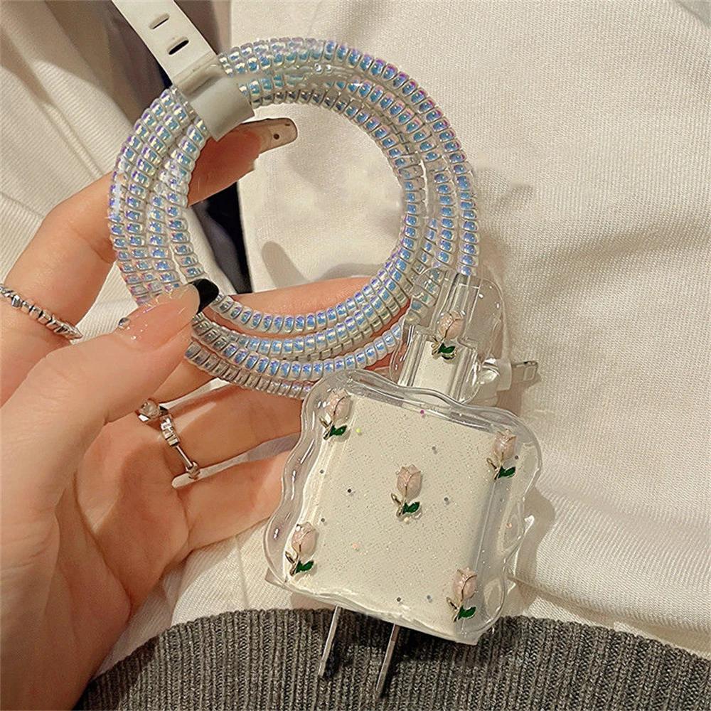 Cute 3D Metal Tulip Glitter USB Cable Protector Cover for IPhone 15 14 13 18W-20W Data Line Bite Head Cord Fast Charging Case