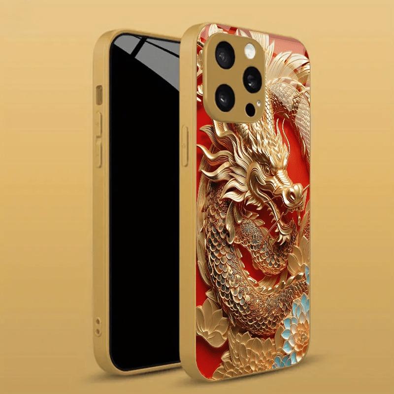 Gouden Draak Print Goud Metallic Verf Glazen Telefoonhoesje Voor iPhone 17 16 15 14 13 12 11 Pro Max 15 14 Plus 17 Air 16E Cover