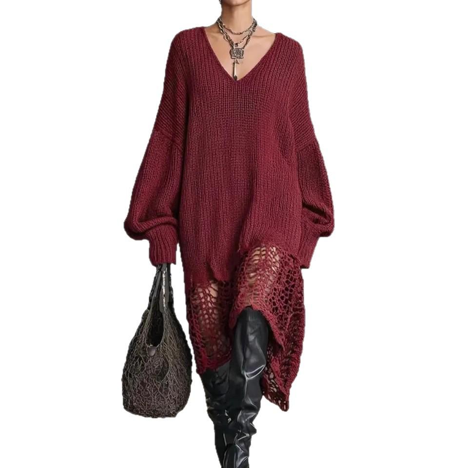 Europäisches & Amerikanisches V-Ausschnitt Strickkleid mit unregelmäßigem Saum und Hohlmuster
