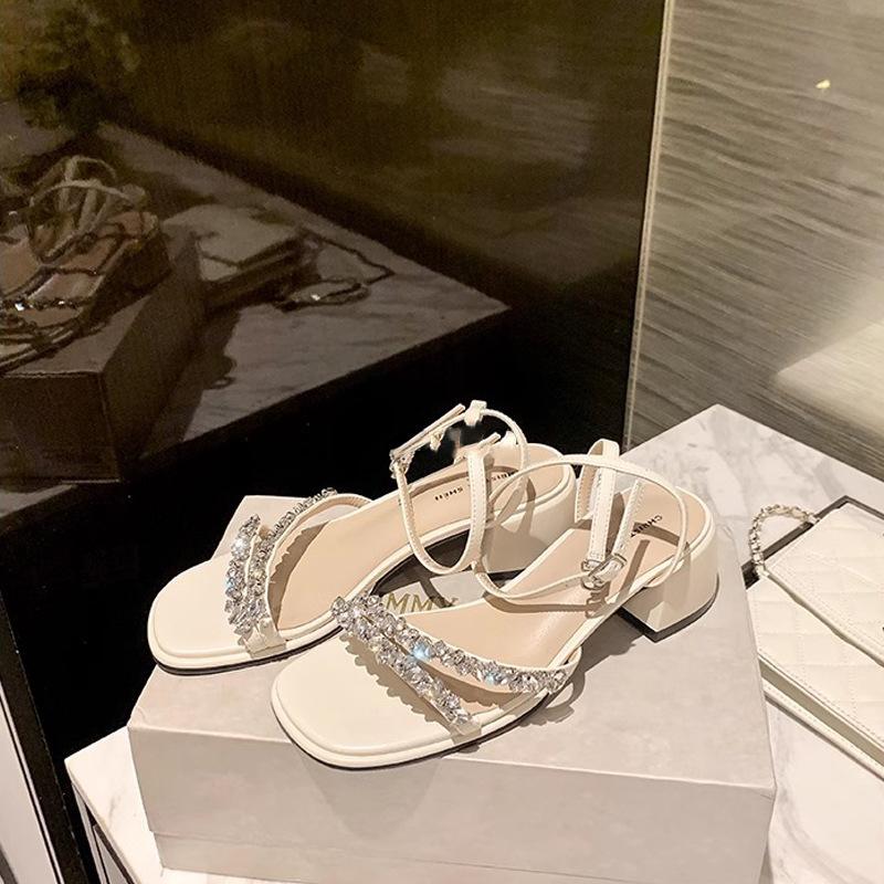 

Sheepskin version~ Su Yinyin s same French light luxury rhinestone with open-toed thick high-heeled sandals for women s summer 40