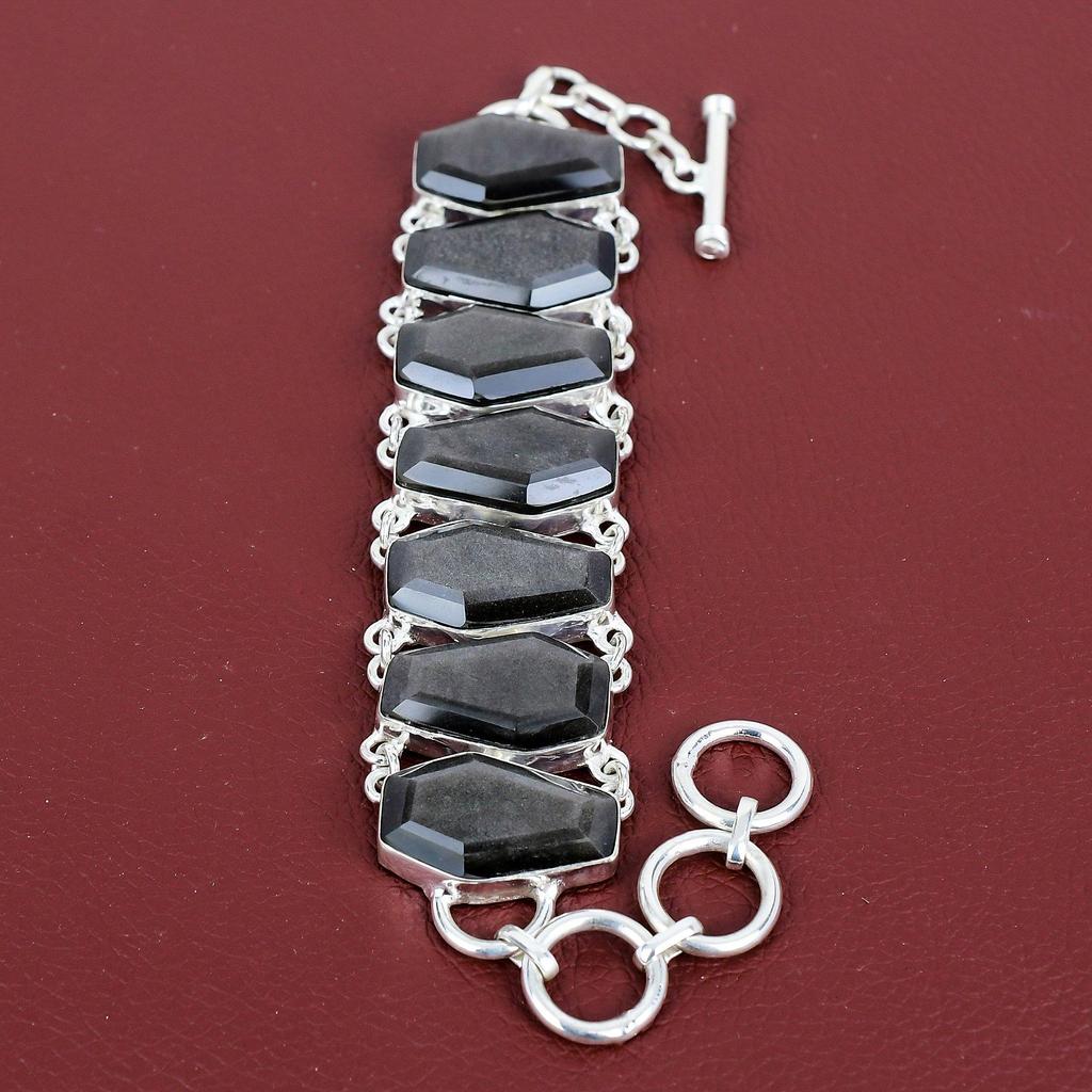 Faceted silver sheen obsidian bracelet gemstone jewelry 925 sterling silver bracelet adjustable chain bracelet handmade bracelet for gifts