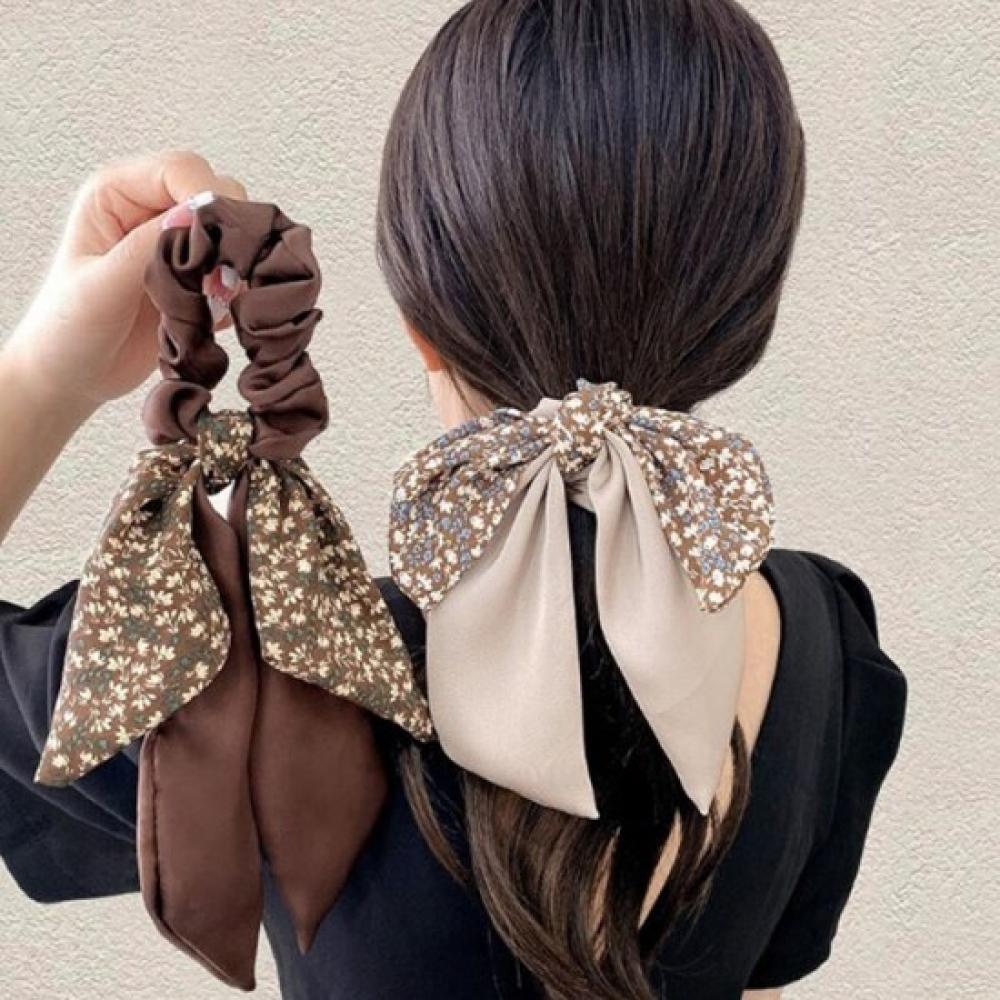 New Arrivals Open Run Flower Ribbon scRunchie Layered Silky Hair Tie