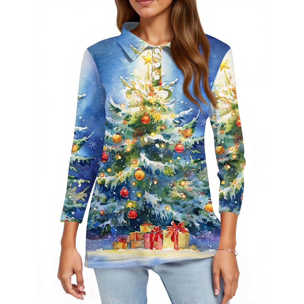 Mote dame casual revers kort 3/4 ermet juleprint skjorte dame knapp opp topper