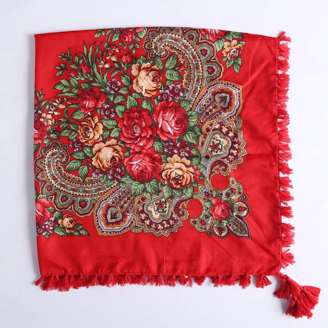 90*90CM Women Russian Style Peony Floral Printed Long Tassel Large Square Scarf Warm Wrap Traditional Ethnic Mexican Shawl
