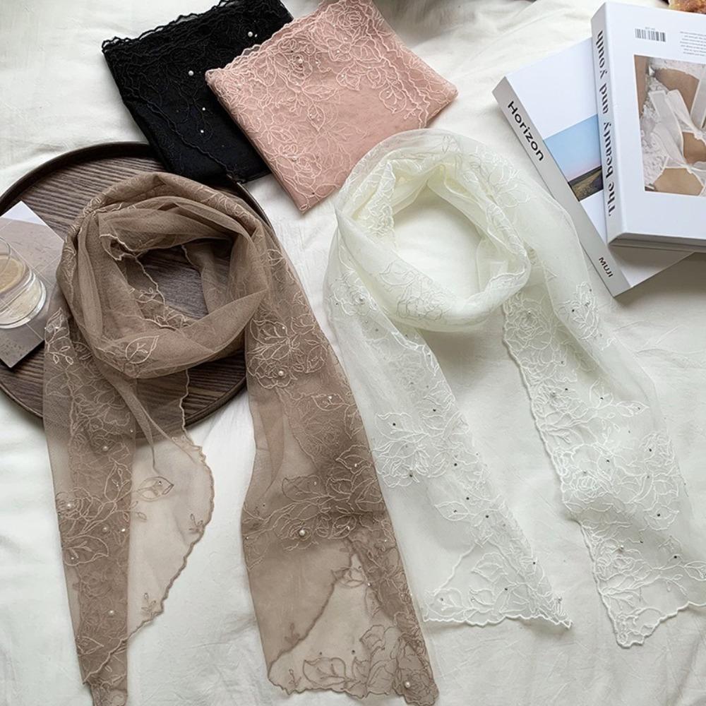 Foreign Style Lace Silk Scarf Pearl Triangle Scarf Fashion Long Scarf