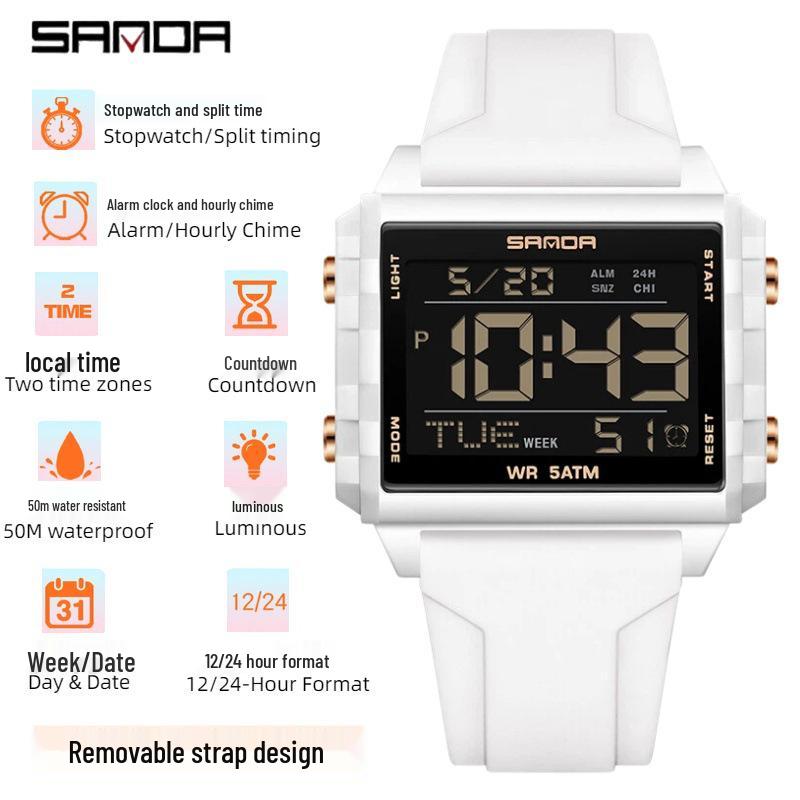 Sanda Dual Time Waterproof Transparent Sports Wristwatch with Colorful Single Display and Student Timer Function