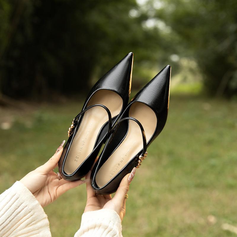 

Soft sheepskin one-word buckle high heels women s thin heels pointed single shoes popular spring 39 чорний