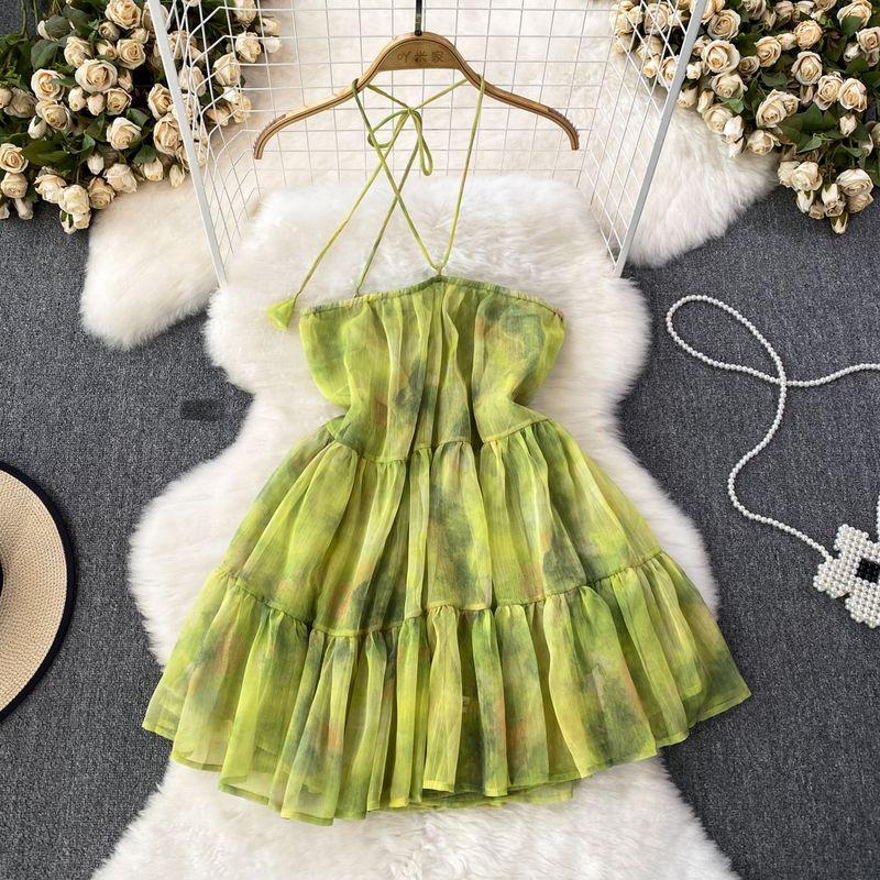 

Loose Blooming Print Chiffon Beach Dress for Seaside Vacation Green S