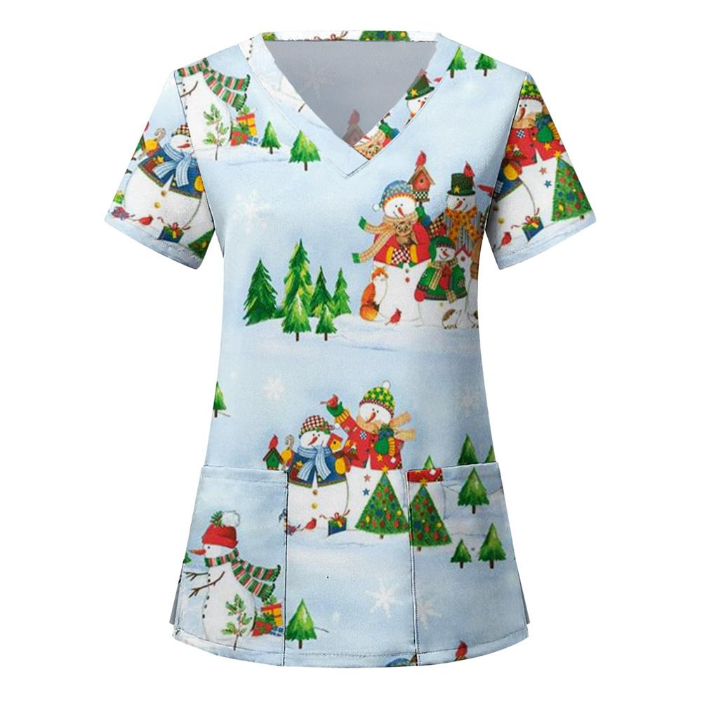 Chirurgische Uniformen Feiertage Weihnachten Drucke Stil Taschendesign Chirurgisches Kostüm Frau V-Ausschnitt Kurzarm Krankenschwester Medizinische Uniform