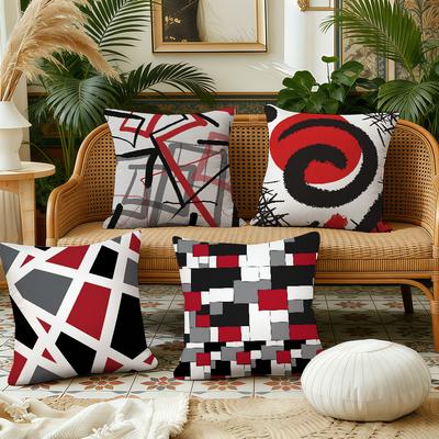 Red and Black Geometric Lines Color Cushion Cover Plush Fabric Soft Double Sided Print Sofa Cushion Cover Throw Pillow Covers