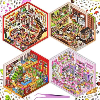 Set of 4 DIY 3D Hobby Mini House Scene Stickers with Create Your Own Pot Toy Candy Shop Chocolate Factory Scene Mini Room Craft Stickers for Stress