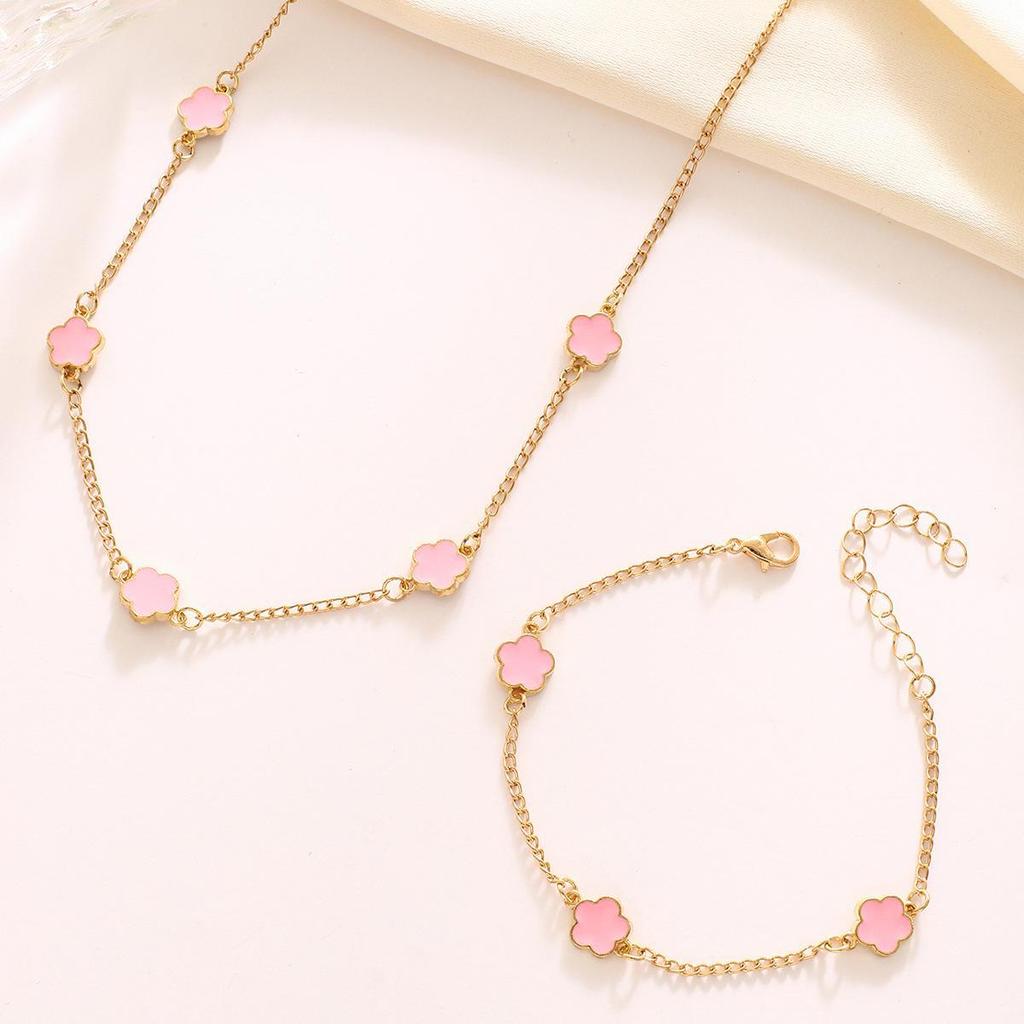Lucky Five-Petal Flower & Clover Jewelry Necklace and Bracelet Set