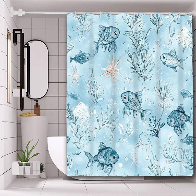 Lovely Fishes Pattern Bathing Curtain Bathroom Shower Curtain Waterproof With 12 Hooks Home Deco