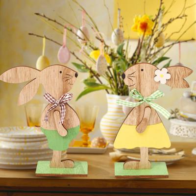 Hasen-Dekor aus Holz, farbig bedruckt, niedliches Tiermodell, Urlaubsszene, Atmosphäre, dekorativ, männlicher/weiblicher Stil, Osterhase, Schreibtisch-Ornament, Heimdekoration