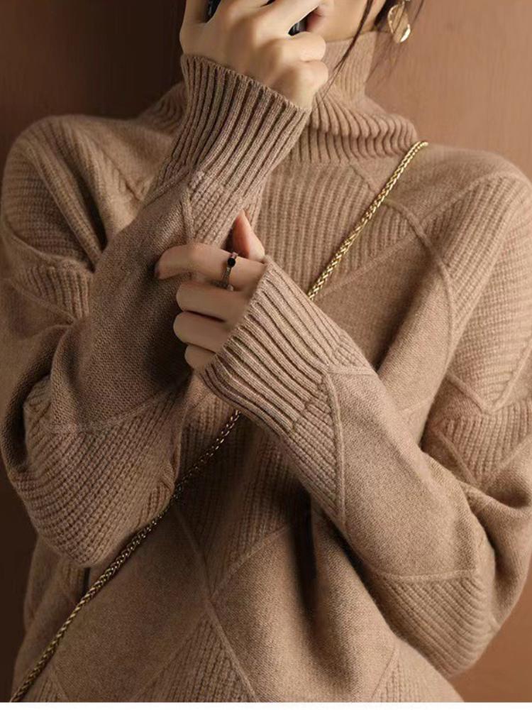 New In Autumn Winter Women Turtleneck Sweaters Full Sleeve Pullovers Spliced Thick Sweater Lozenge Elegant Lady Solid Outwear