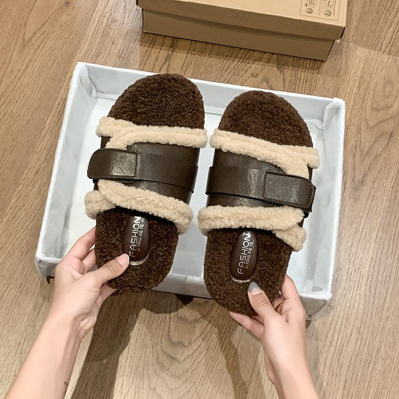 

Retro design sense color matching Mao Mao one-word drag women 2025 autumn and winter new wear versatile thick-bottomed comfortable cotton slippers 40 коричневый