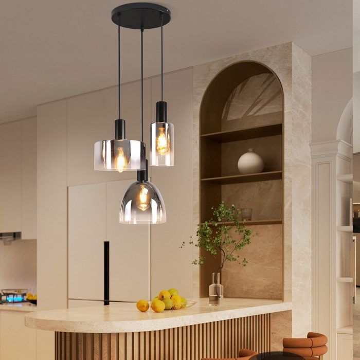 Lampe à suspension - NETTLIFE - 3x E27 - Verre fumé &amp; métal - Hauteur réglable - Noir