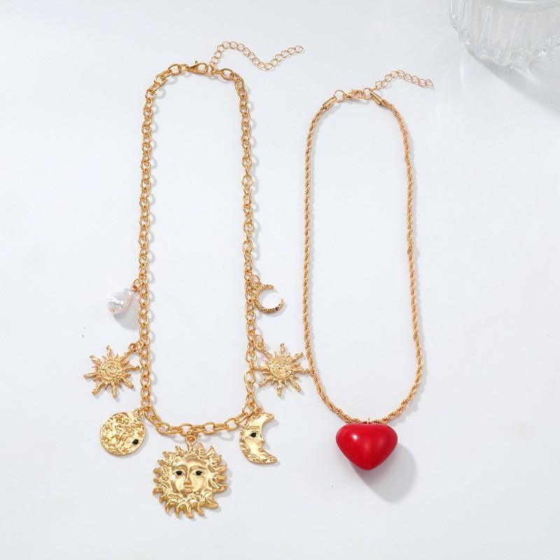 Gold Tone Alloy Pendant Necklace Set With Sun Moon Heart Charms Imitation Pearl Layered Cross Chain Women Beach Style