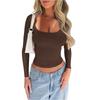 Ladies' Casual Fashion Color U-neck Long Sleeved Base Shirt T-shirt Comfortable Top