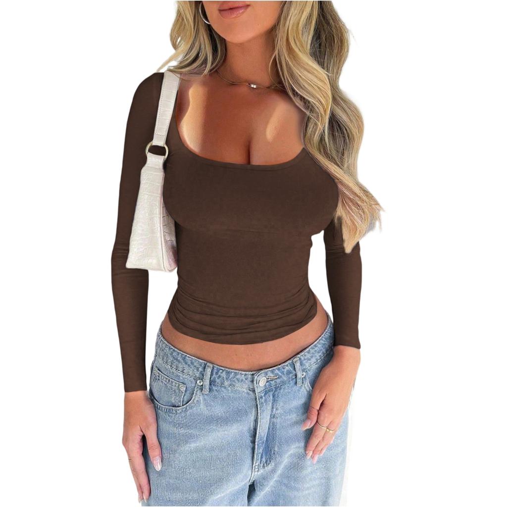 Ladies' Casual Fashion Color U-neck Long Sleeved Base Shirt T-shirt Comfortable Top