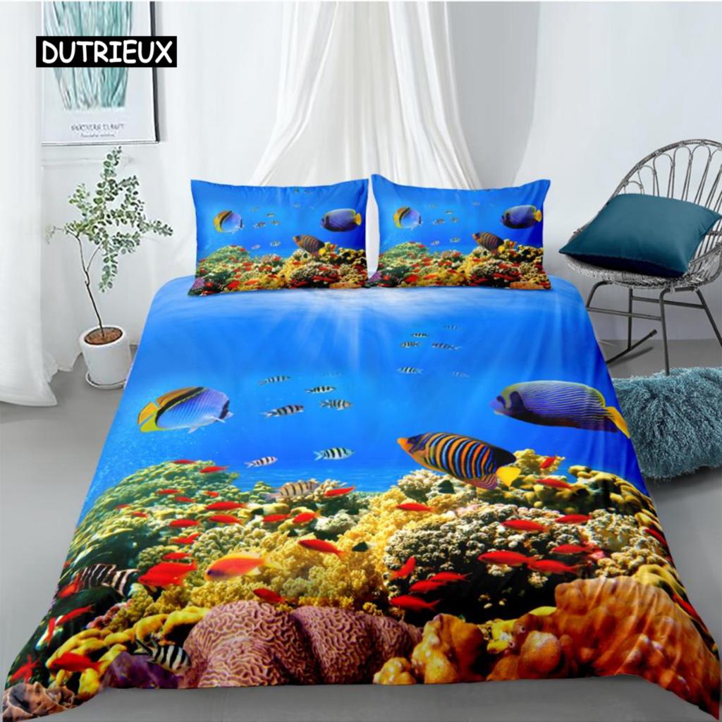 Ocean Duvet Cover Set Queen Double Size Polyester Ocean Animals Fishes Tortoise and Rainbow Color Coral Printed Comforter Cover