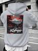 Herren Winter Freizeit Kapuzensweatshirt - Lebendiger roter Grafikdruck mit Berg- und Autodesign, Normale Passform, Maschinenwaschbar