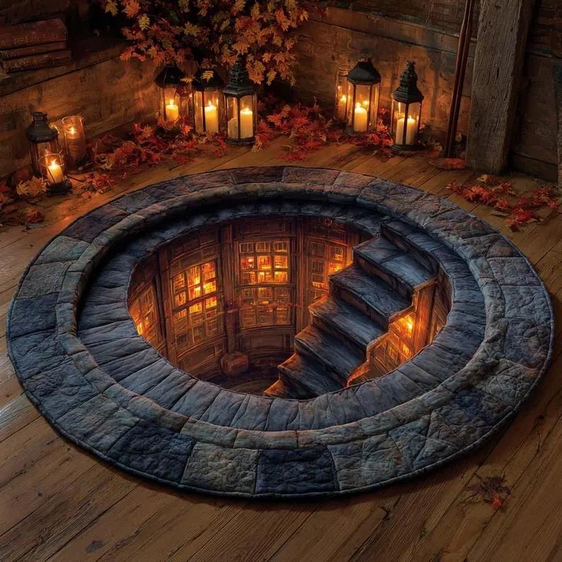 

Lantern Library Spiral Stairs 3D Illusion Round Rug Cozy Literary Home Gift Reading Room Carpet Fall Rustic Aesthetic 80cm x 80cm