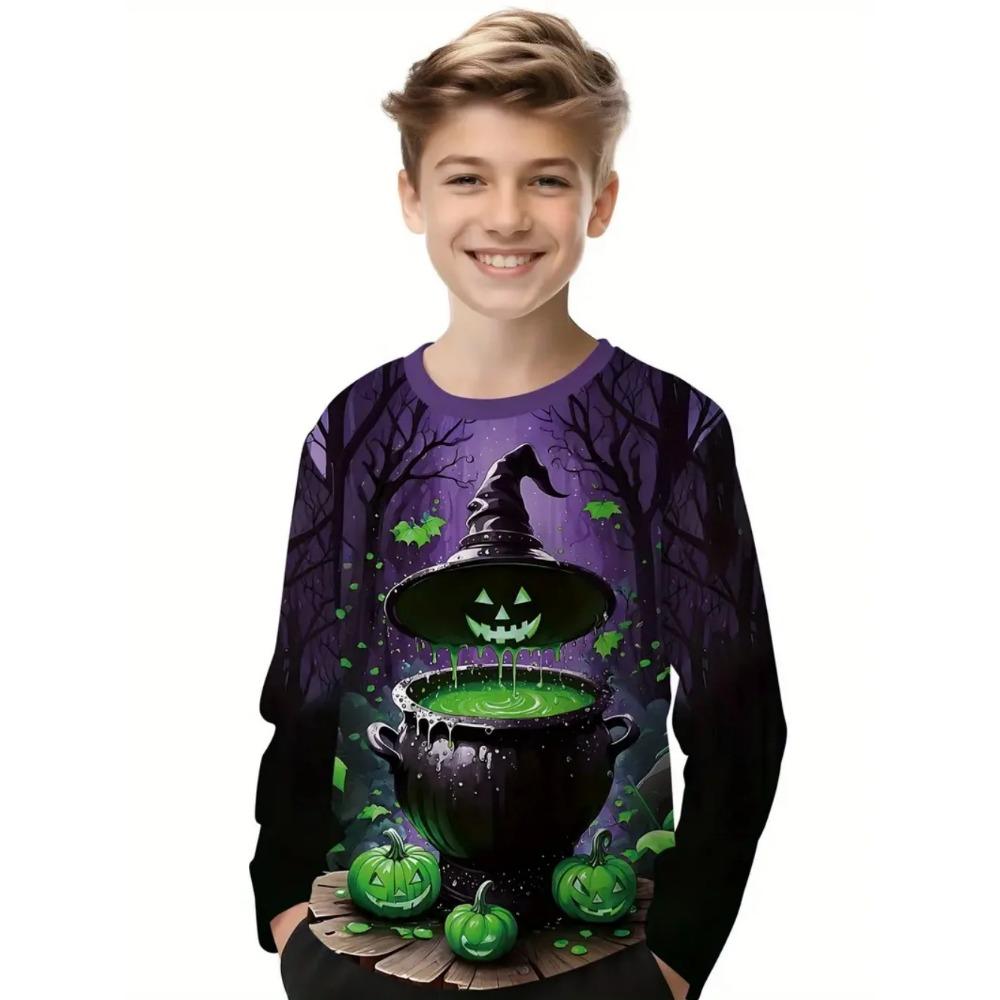 

Halloween Children s 3D Digital Printed Boys Fashionable and Comfortable Round Neck Long Sleeved T-shirt 170 фиолетовый