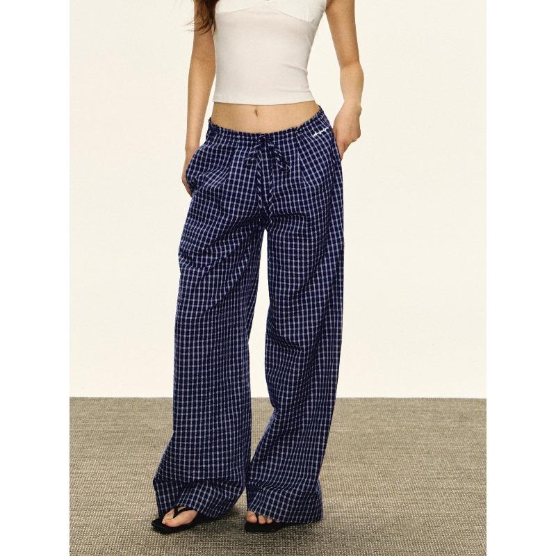 American Retro Thin Blue Plaid Casual Pants Women's Summer New Low-rise Loose Wide-leg Pants