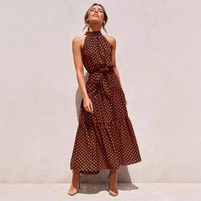 Women's Hanging Neck Polka Dot Printed Tie Dress Long Long Dress
