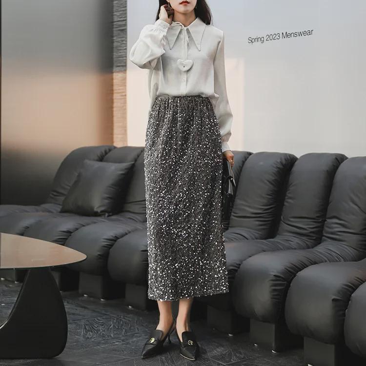 

Спідниця жіноча Maillard з паєтками та оксамиту - Світла розкіш, Щедро прикрашена, Розріз ззаду, Середньої довжини, Прямого крою XL срібло сірий колір