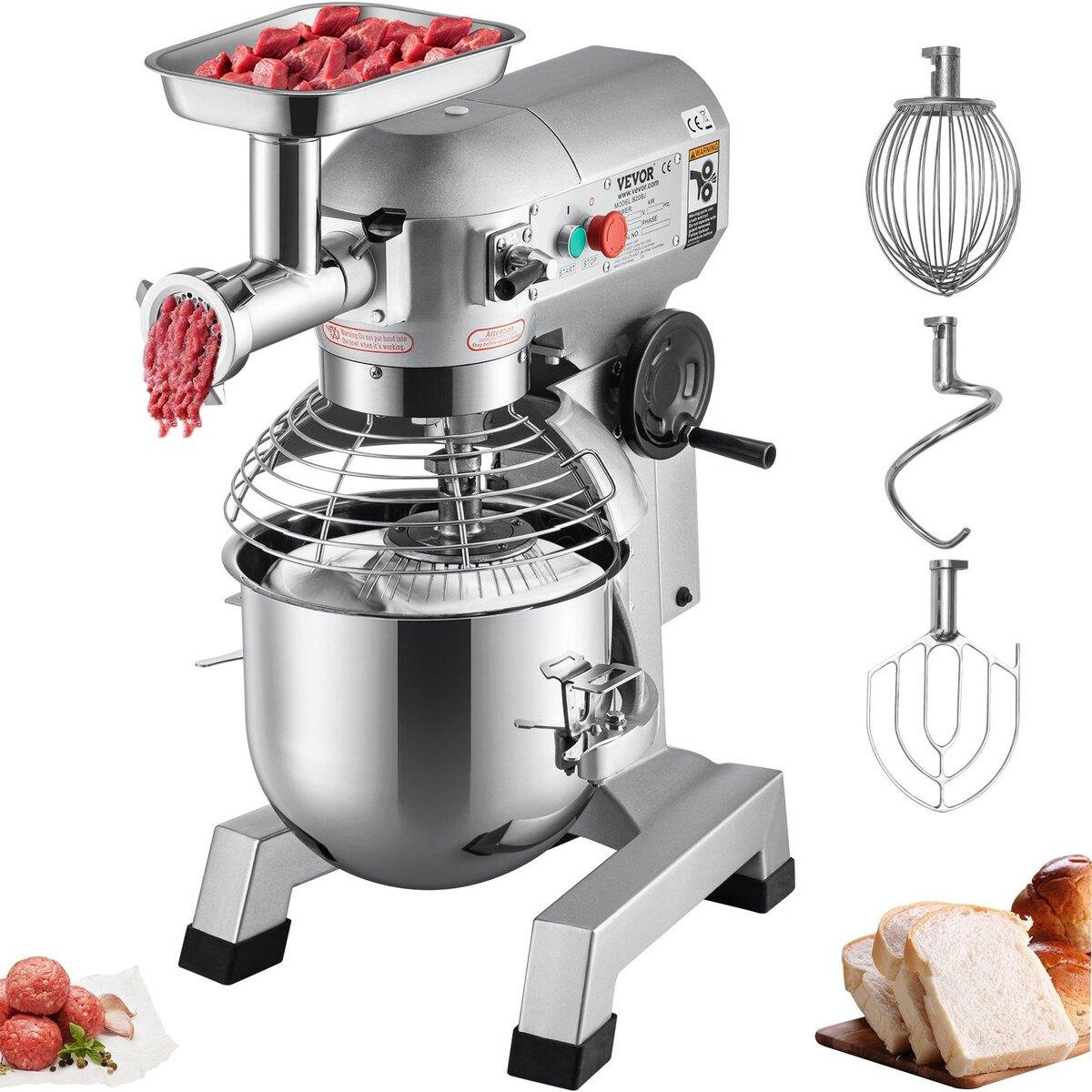 Batteur sur pied professionnel, bol en acier inoxydable de 20 pintes, mélangeur alimentaire électrique multifonctionnel 2 en 1 de 1100 W avec hachoir à viande et 3 vitesses, crochet pétrisseur, fouet