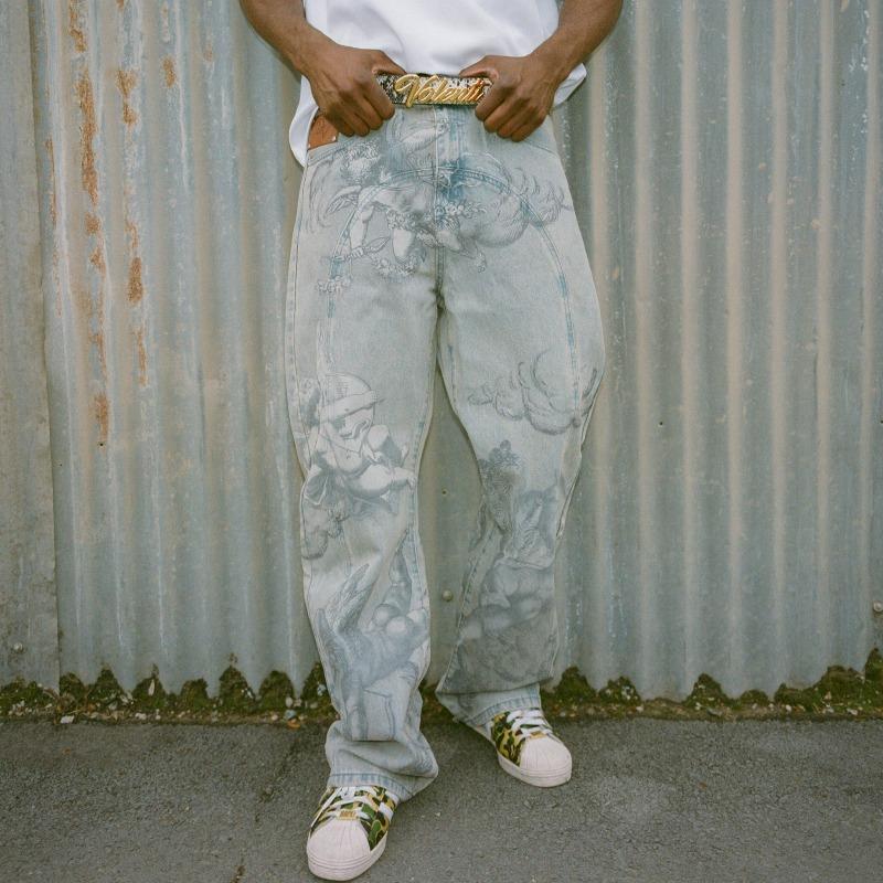 STREETRICH Y2k Retro Luźne Dżinsy Modne Wzór Kupidyna Anioła Męskie Damskie Spodnie Amerykański Hip Hop Streetwear Unisex Codzienne Jeansy o Prostych Nogawkach