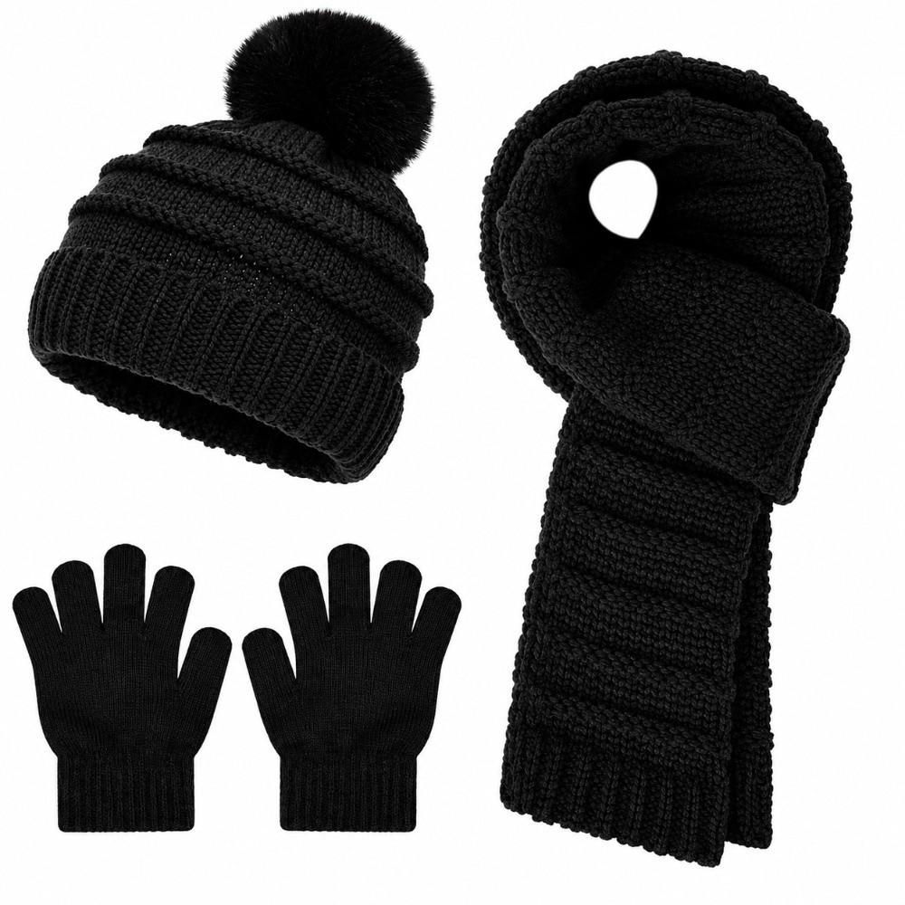 3Pcs/Set Pom Pom Knitted Scarf Gloves Set Soft Cozy Winter Hat Scarf Gloves Kit 2-5Y Baby Kids