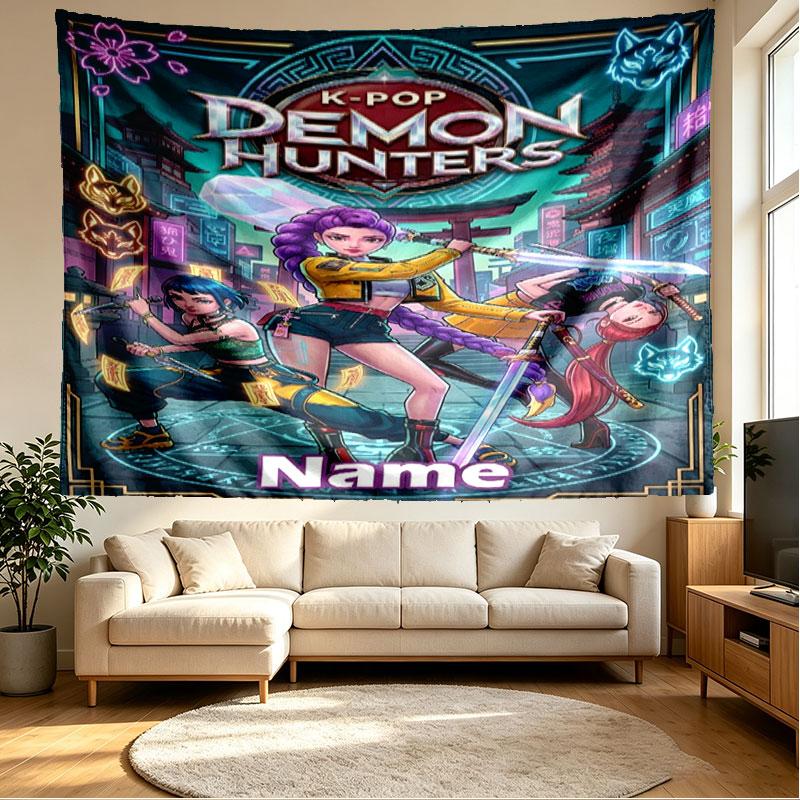 Custom Name Personalized Demon Hunters Kpop Print Tapestry, Wall Art Decor, Bedroom, Dorm, Apartment, LivingRoom, Party Backdrop, Gift for Birthday