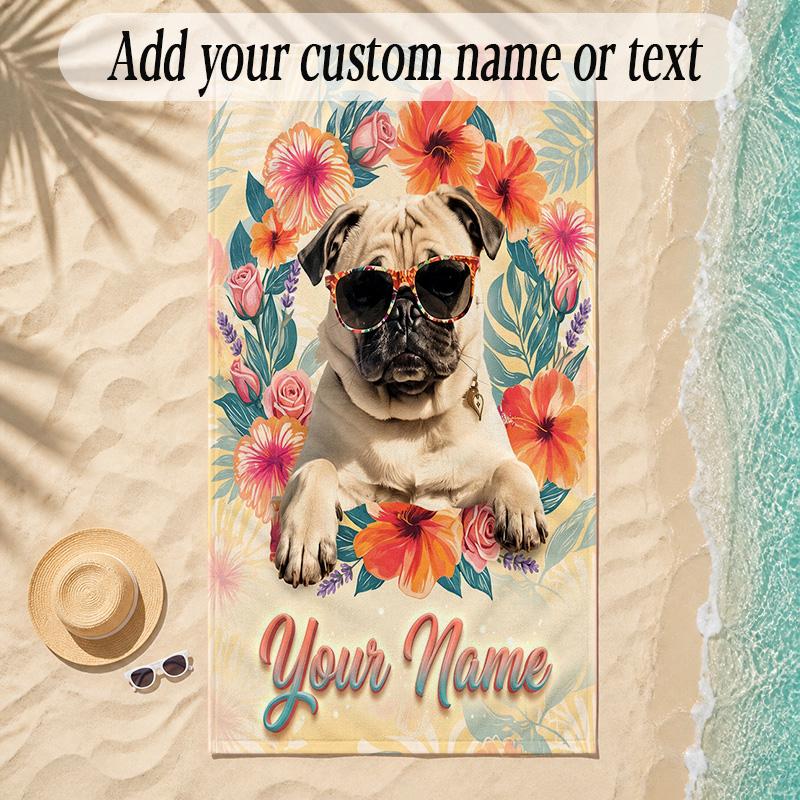 Pug Theme Soft Beach Towel Personalized Custom Name Text Towel Portable for Beach Pool Travel