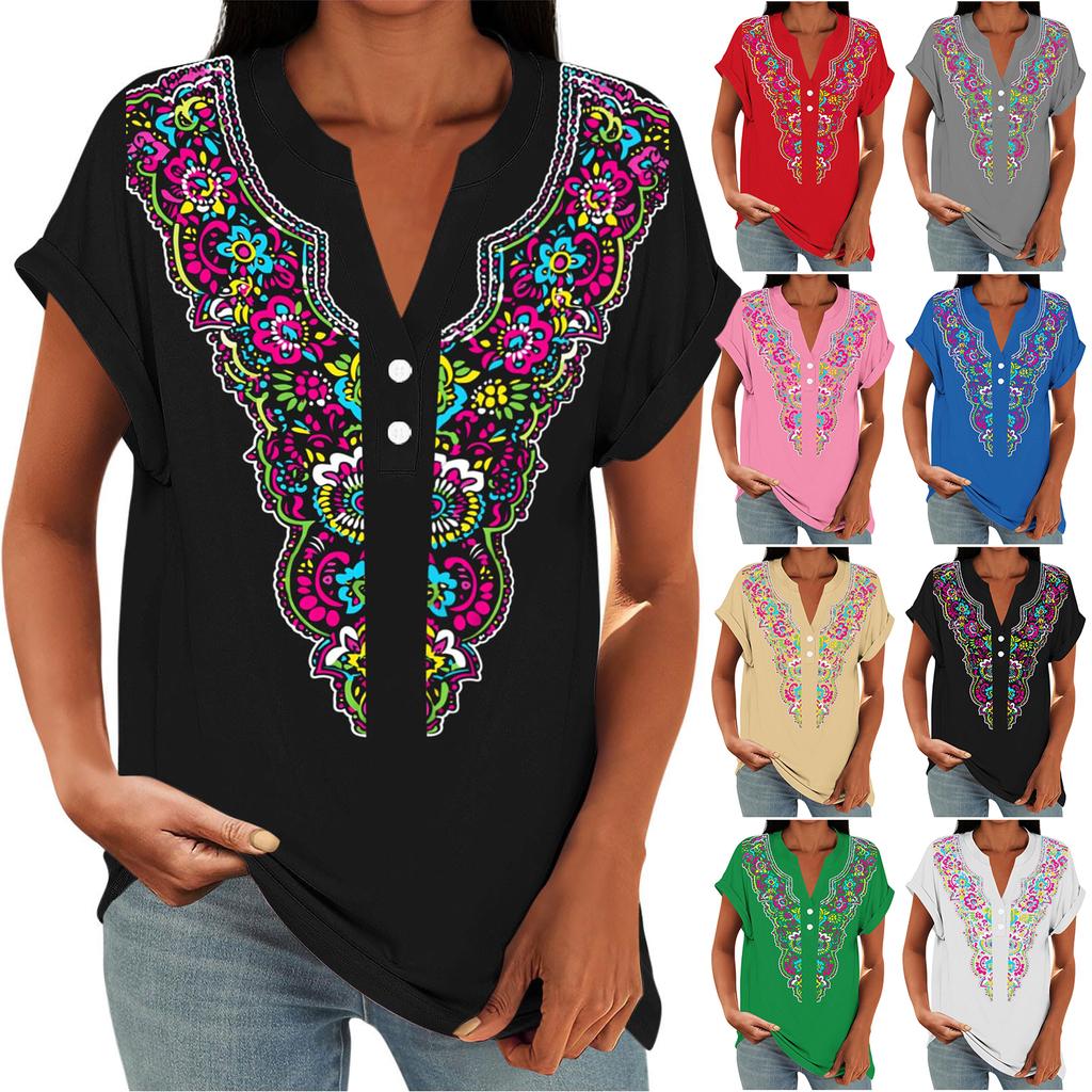 Women's Casual Loose Fit Short Sleeve Button V Neck Floral Print T Shirt Top Lightweight Comfortable Summer Blouse