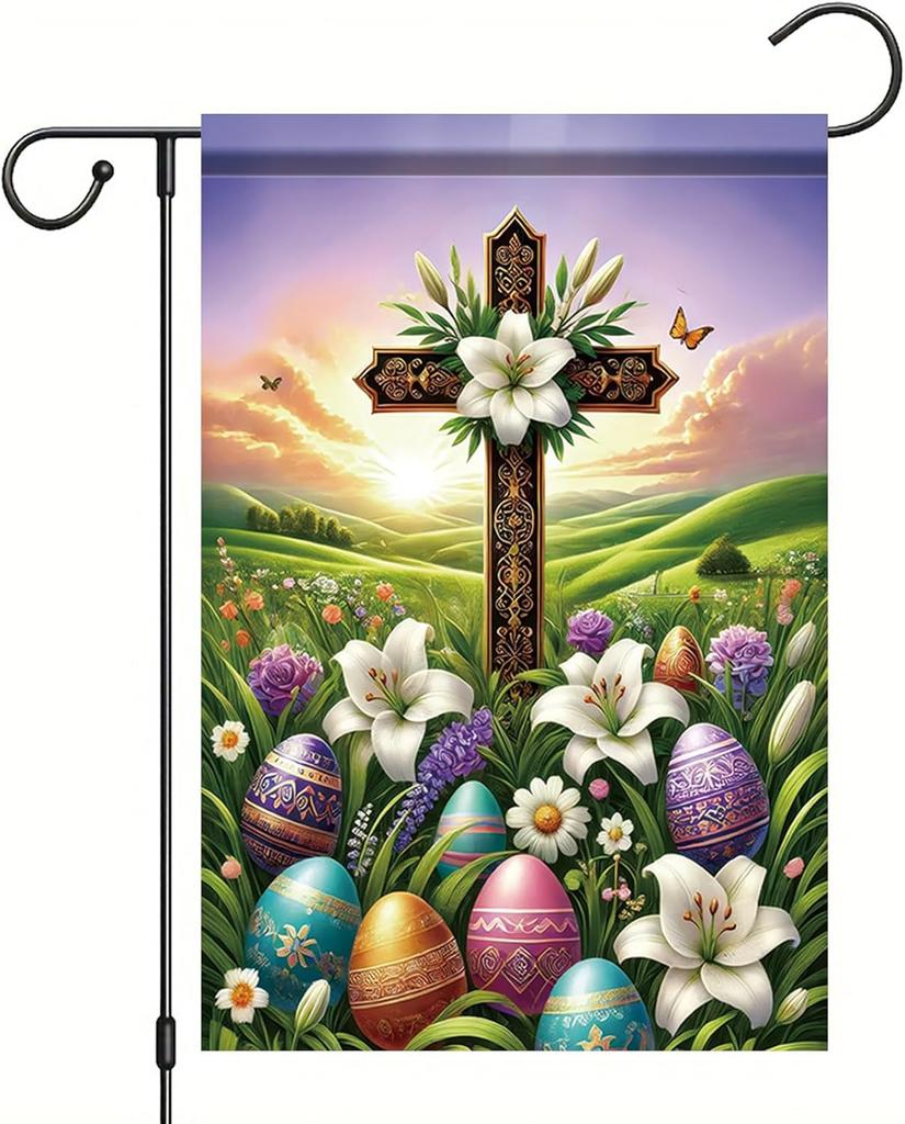Starlit Patio Easter Cross Garden ag for Outdoor He is Risen Religious Cross with Bunny Eggs owers Yard ag Small Sprin WZZ