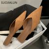 Fashion SUOJIALUN 2024 Autumn New Brand Women Sandal Shoes Fashion Pointed Toe Shallow Slip On Slingback Shoes Thin Low Heel Pumps