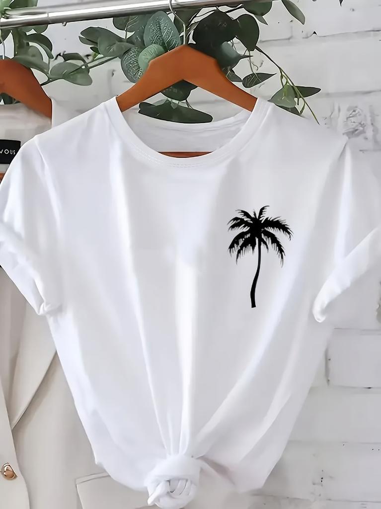 Übergröße, Modisches Rundhals-Kurzarm-Übergrößen-T-Shirt mit Kokospalmen-Print