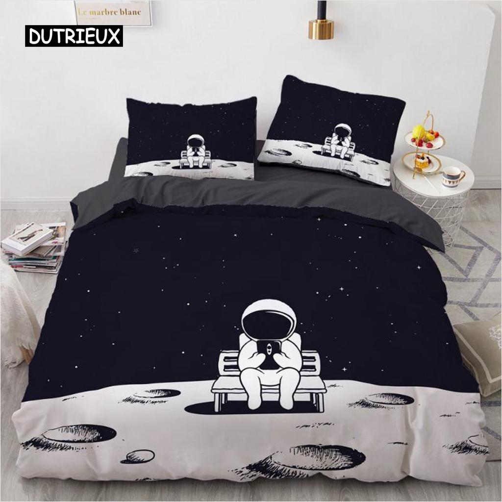 Space Duvet Cover Set Microfiber Outer Space Astronaut American Flag Pattern Bedding Set for Boys Girls Queen King Quilt Cover