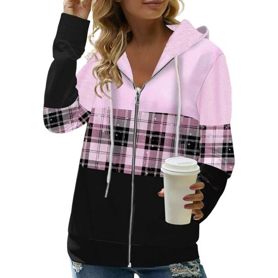 Autumn Women Hoodies Fashion Plaid Pattern Zipper Placket Cardigan Jacket Regular Fit