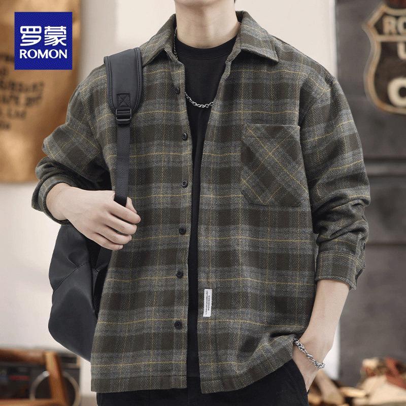 ROMON Men's Casual Plaid Thickened Shirt Jacket
