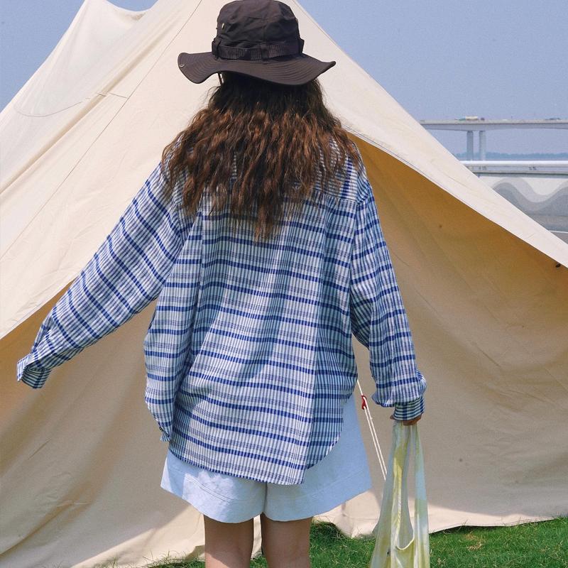 Johnature Japanese Korean Lazy Style Contrast Check Shirt Loose Casual Long Sleeve Sunscreen Tops Women