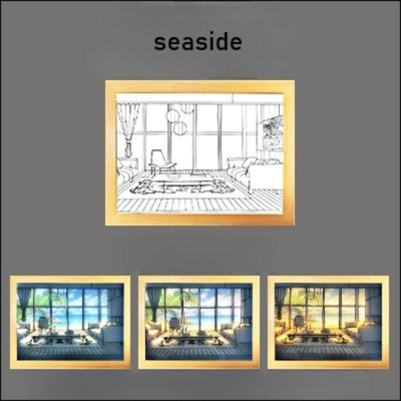 Beautiful LED Light Painting Indoor Sunlight Window Wooden Photo Light Dimming Wall Artwork Table Lamp Home Decor Night Lamp