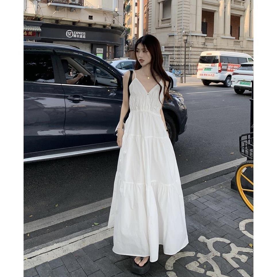 Women's White French Beach V-Neck Spaghetti Strap Maxi Dress