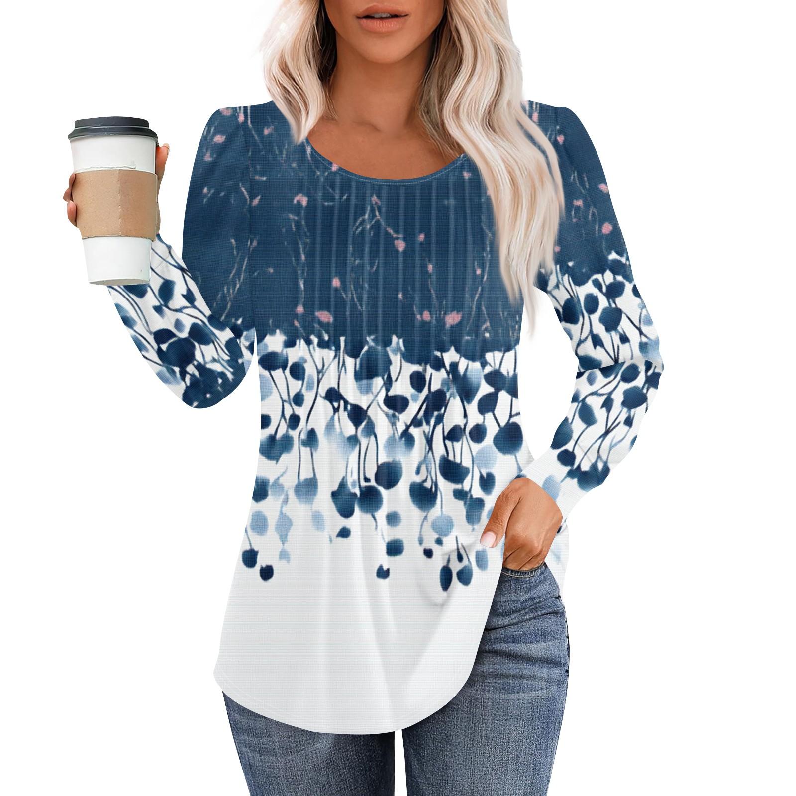 

Women s Fashion Casual Pleated Round Neck Vintage Floral Print Long Sleeve T-Shirt Top XXL Темно-синій