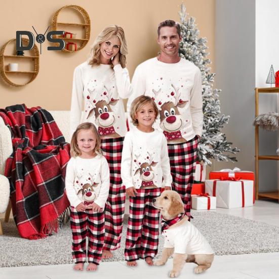 Parent-child Pajamas Elk Printing O Neck Long Sleeve Family Christmas Pajama Matching Set Children Sleepwear Top Plaid Pants Pet Coat Sleepwear